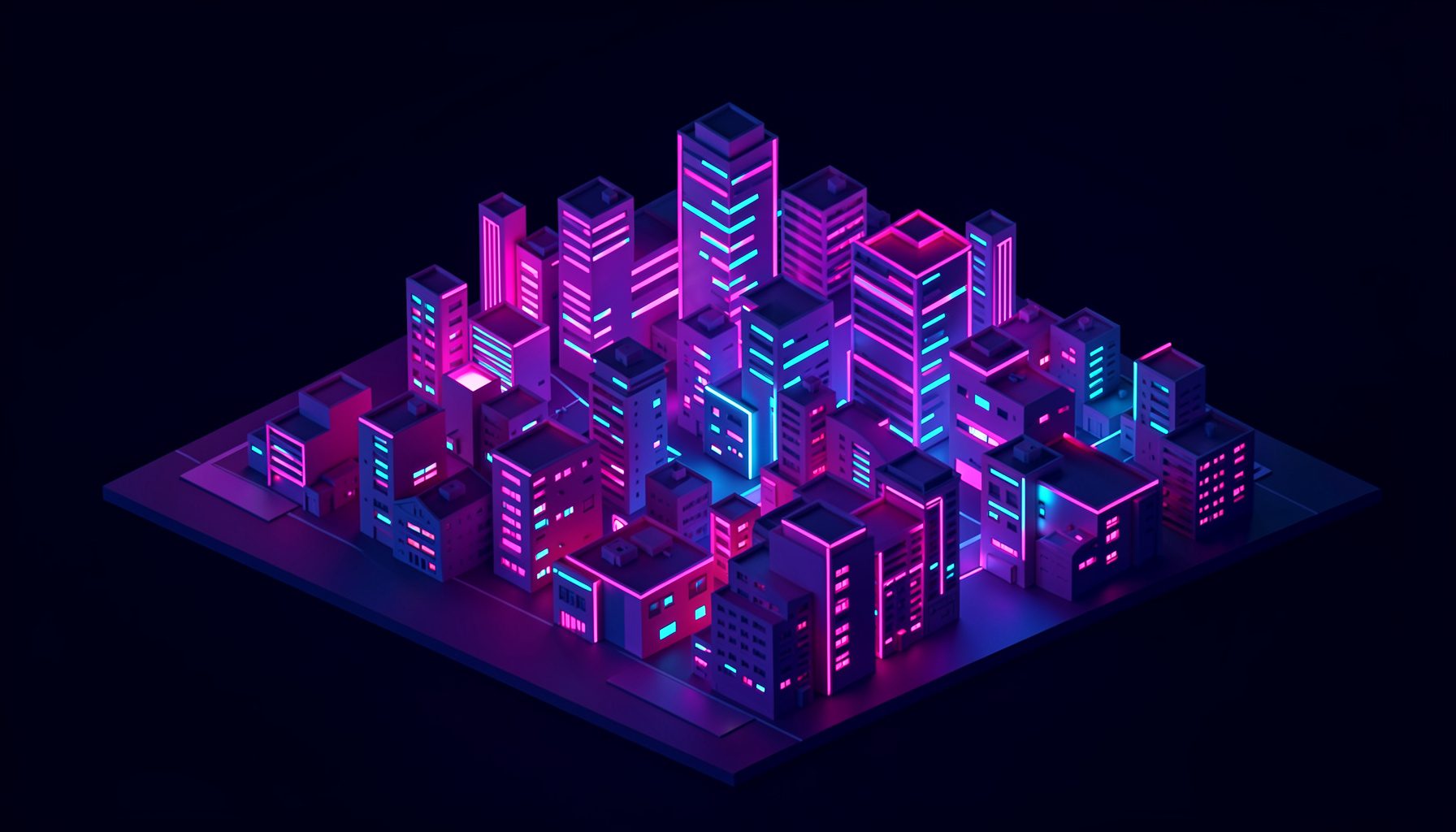Isometric 3D render of a neon city at night, deep navy shadows lit with hot magenta and bright cyan accents, calm and atmospheric