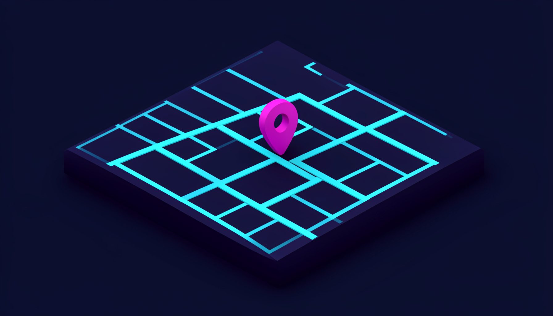 Stylized isometric map illustration with cyan grid streets and a single magenta pin marker on a dark navy background